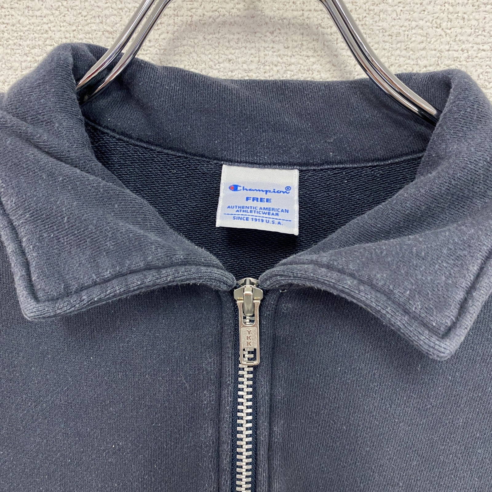 Champion　チャンピオン　ハーフジップスウェット/トレーナー　アーチプリント　フェード　現行　紺　ネイビー　フリーサイズ　古着