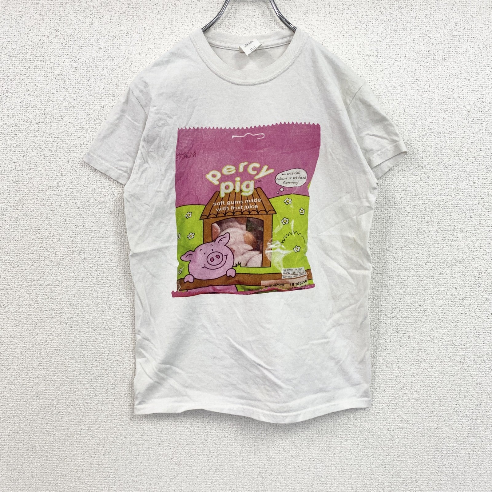 GILDAN　ギルダン　半袖プリントアニマルTシャツ　フォトTシャツ　豚　誰やねん　白　ホワイト　Sサイズ　古着