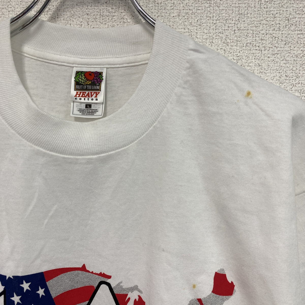 90s　FRUIT OF THE LOOM　半袖プリントＴシャツ　星条旗　シングルステッチ　ヴィンテージ　白　ホワイト　Lサイズ　古着