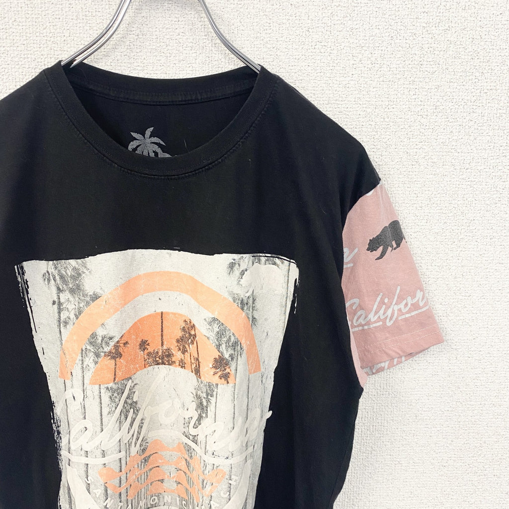 VIBES　半袖プリントデザインTシャツ　サンタモニカ　クルーネック　レトロ　黒　ブラック　Mサイズ　古着