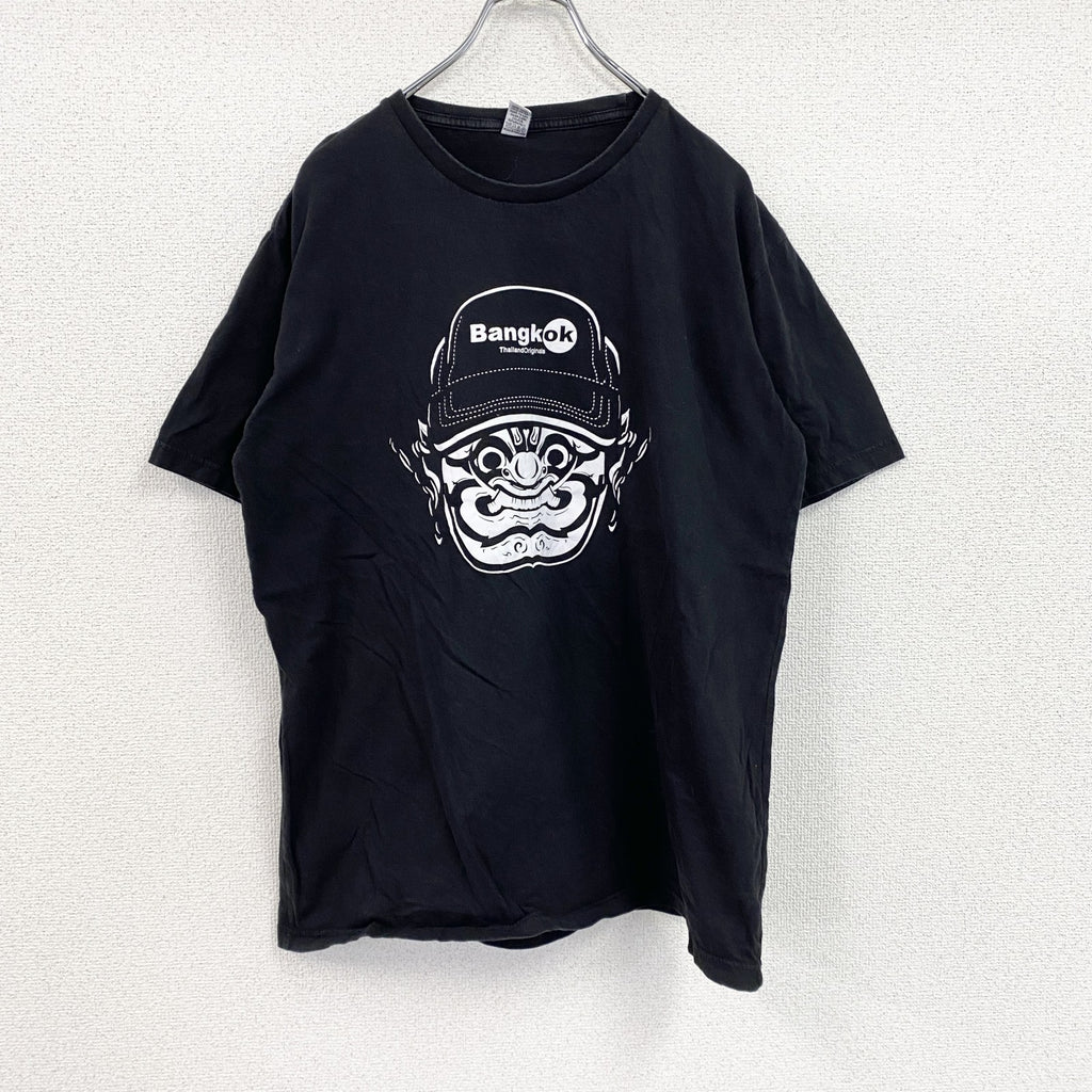 Cotton　半袖プリントTシャツ　黒　ブラック　XLサイズ　古着