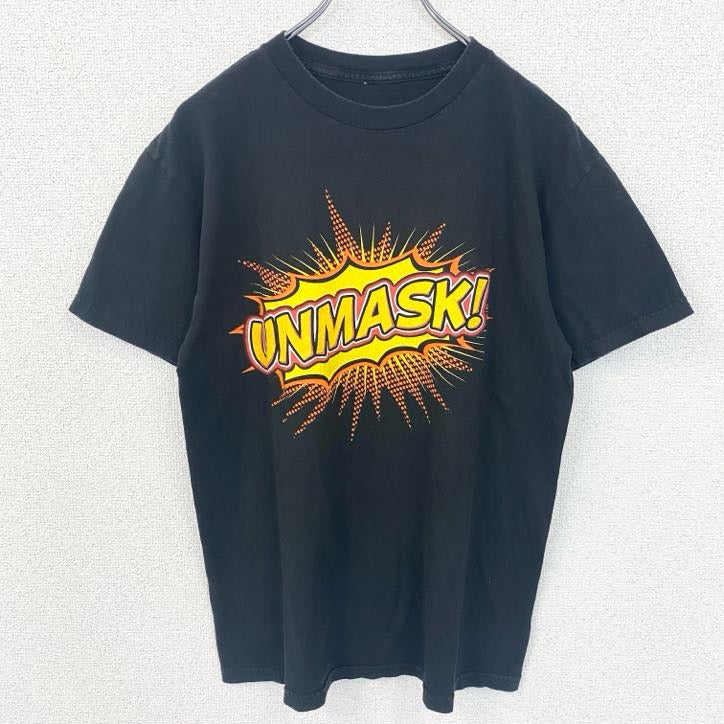 半袖プリントTシャツ　UNMASK　アメコミ風　デカロゴ　クルーネック　黒　ブラック　古着
