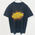 半袖プリントTシャツ　UNMASK　アメコミ風　デカロゴ　クルーネック　黒　ブラック　古着
