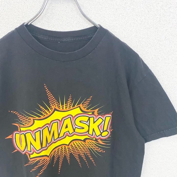半袖プリントTシャツ　UNMASK　アメコミ風　デカロゴ　クルーネック　黒　ブラック　古着