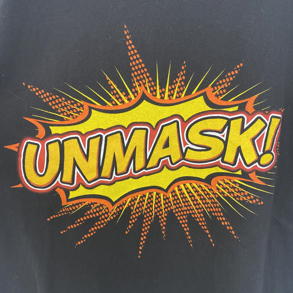 半袖プリントTシャツ　UNMASK　アメコミ風　デカロゴ　クルーネック　黒　ブラック　古着