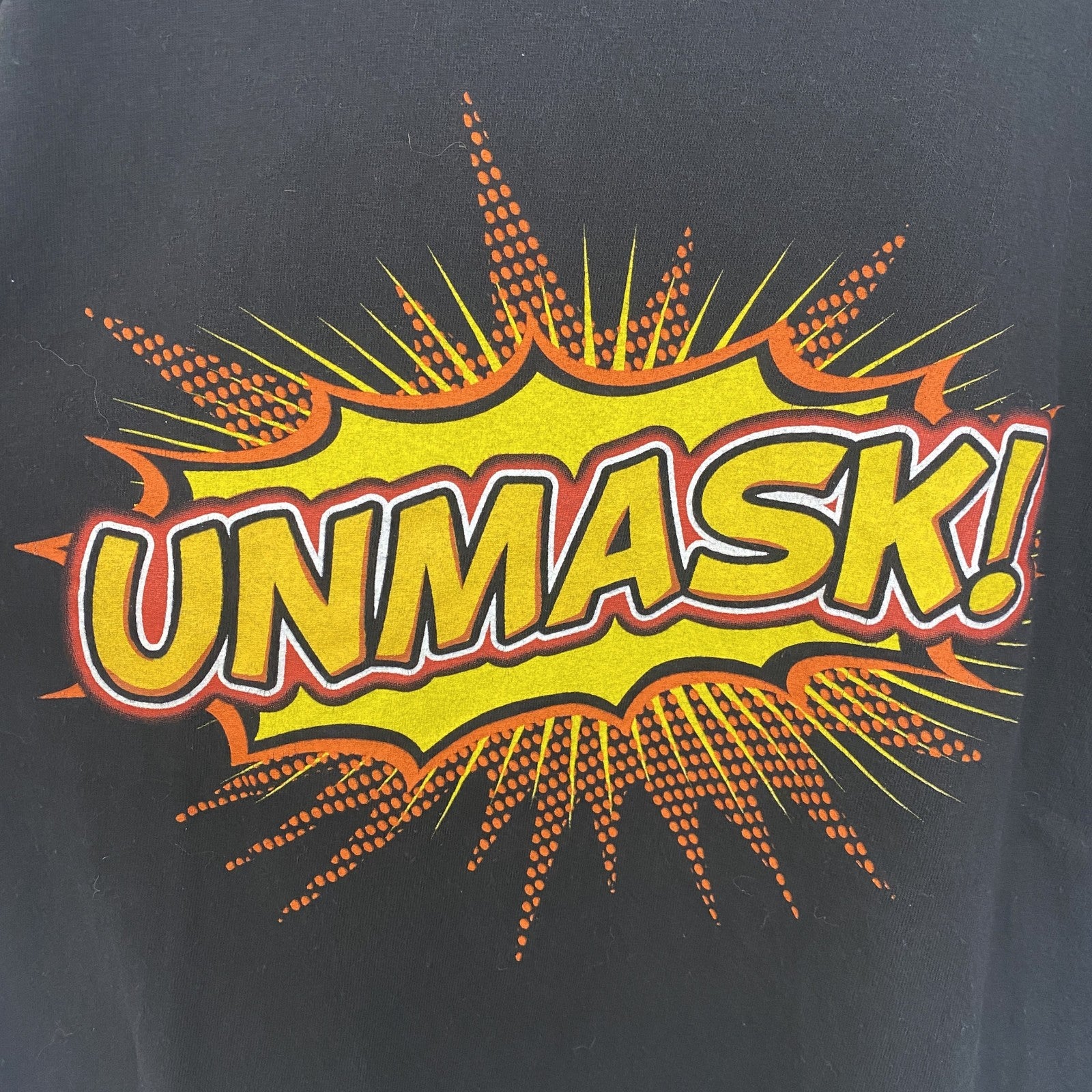 半袖プリントTシャツ　UNMASK　アメコミ風　デカロゴ　クルーネック　黒　ブラック　古着