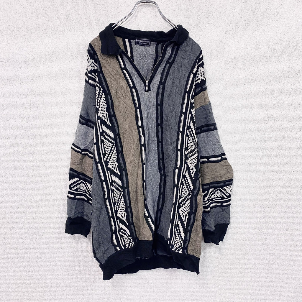90s～　CLASSICAL CLOTHES COMPANY　COOGI風ニットセーター　3Dニット　ハーフジップニットセーター　総柄　マルチカラー　　　ヴィンテージ　古着