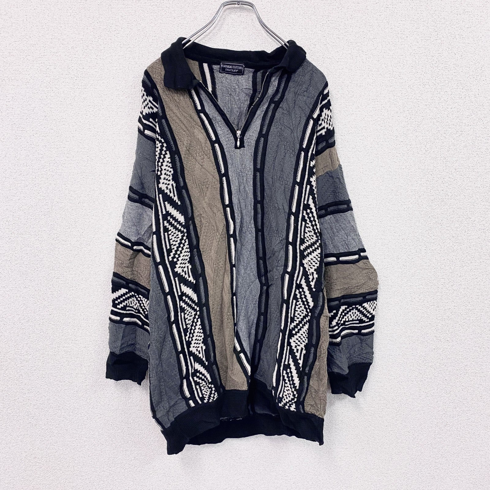 90s～　CLASSICAL CLOTHES COMPANY　COOGI風ニットセーター　3Dニット　ハーフジップニットセーター　総柄　マルチカラー　　　ヴィンテージ　古着