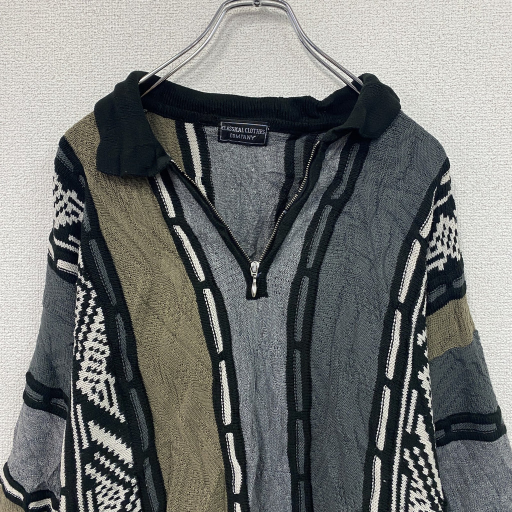 90s～　CLASSICAL CLOTHES COMPANY　COOGI風ニットセーター　3Dニット　ハーフジップニットセーター　総柄　マルチカラー　　　ヴィンテージ　古着