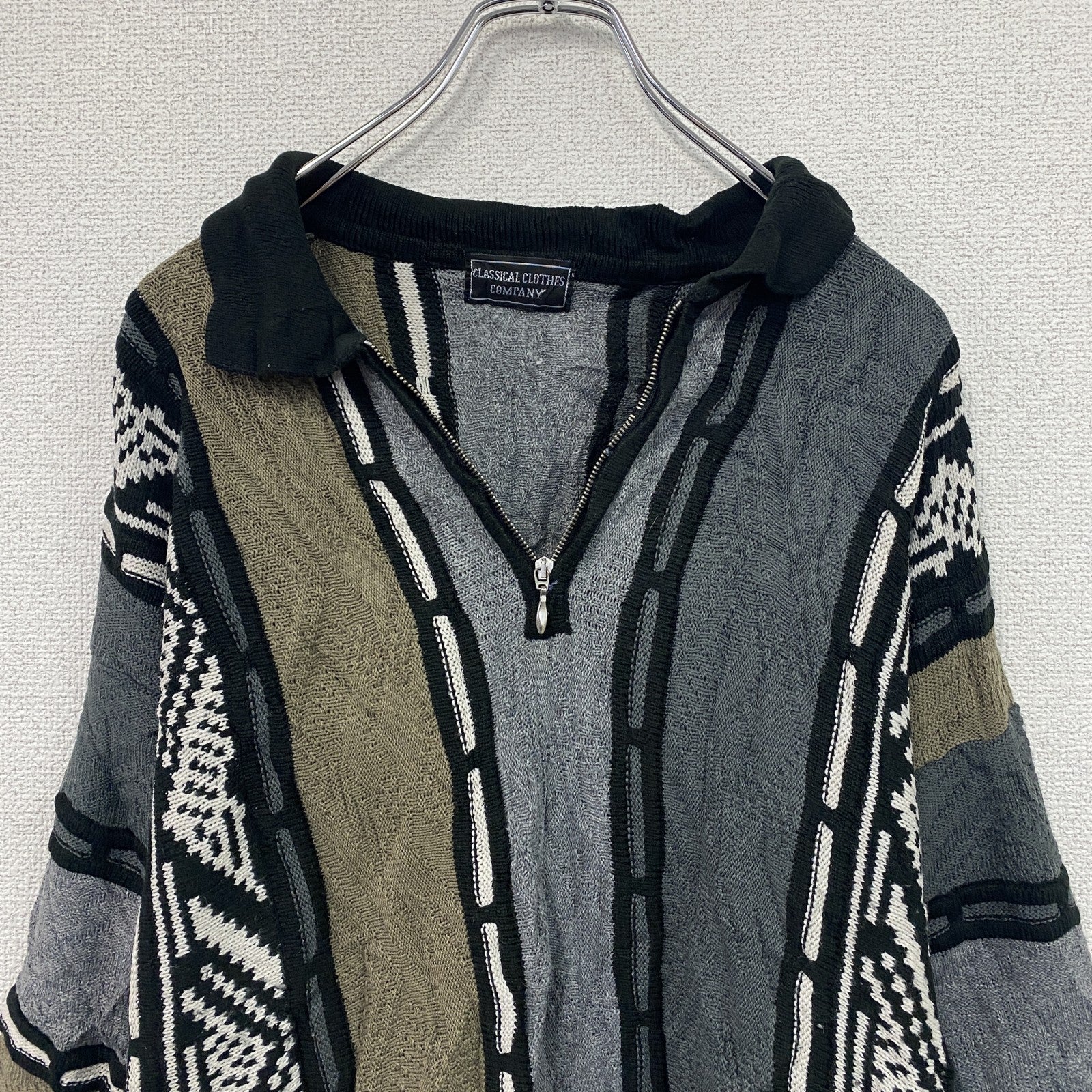 90s～　CLASSICAL CLOTHES COMPANY　COOGI風ニットセーター　3Dニット　ハーフジップニットセーター　総柄　マルチカラー　　　ヴィンテージ　古着