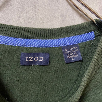 古着 used　IZOD アイゾッド　長袖スウェット　トレーナー　ワンポイントロゴ刺繍　緑　カーキ　クルーネック　Lサイズ