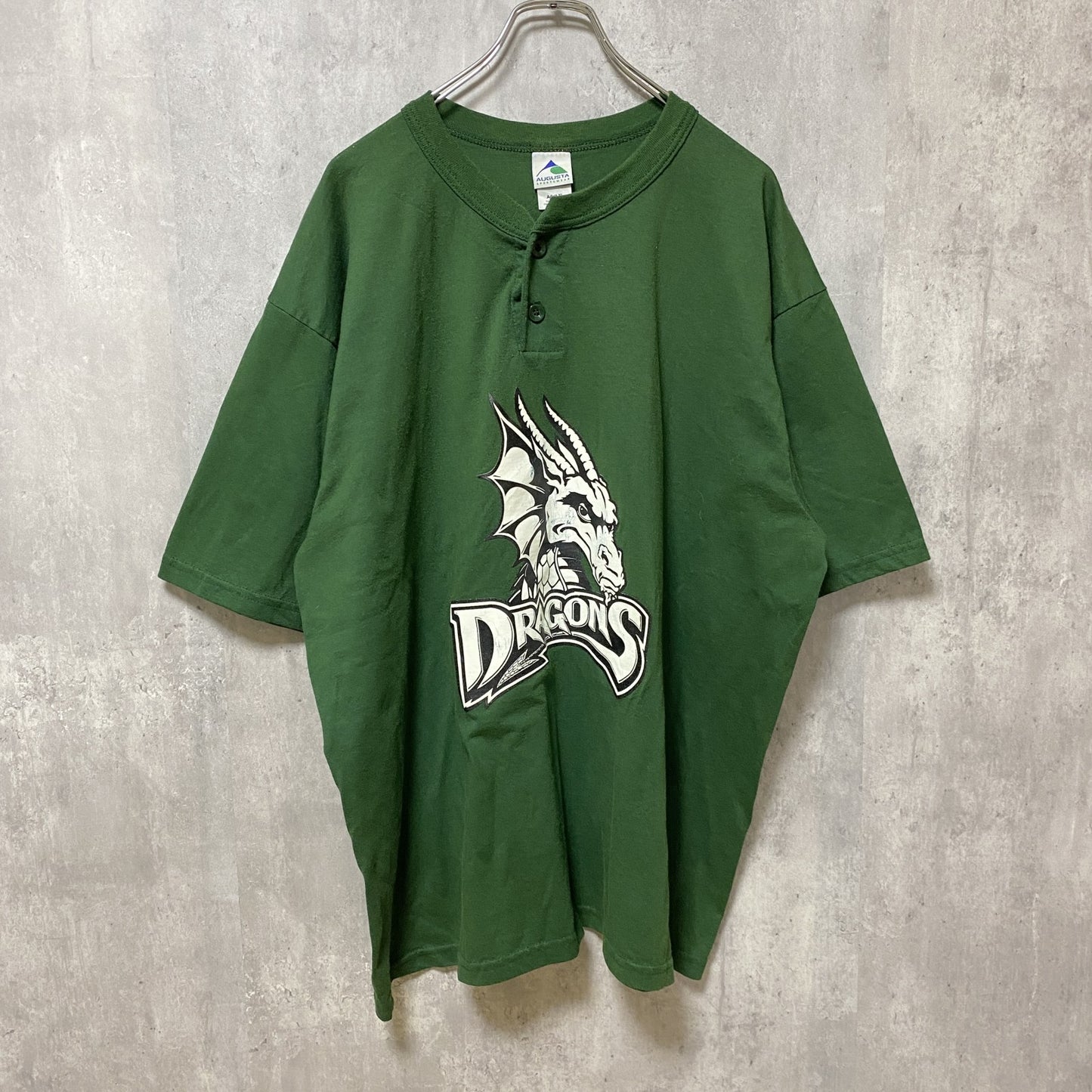 古着 used　半袖プリントスナップTシャツ　Dragon’ｓ　緑　ハーフボタン　ビッグシルエット　オーバーサイズ　XLサイズ