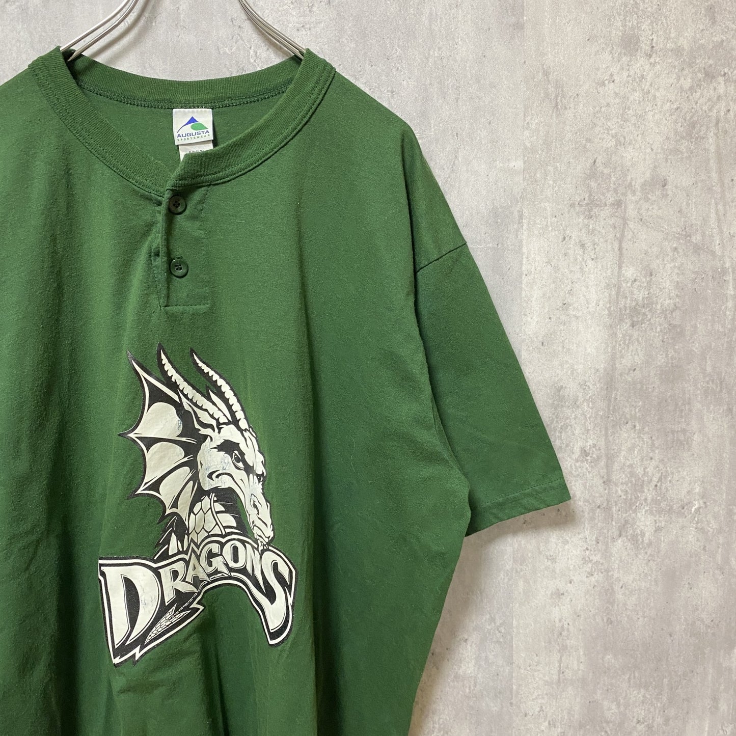 古着 used　半袖プリントスナップTシャツ　Dragon’ｓ　緑　ハーフボタン　ビッグシルエット　オーバーサイズ　XLサイズ