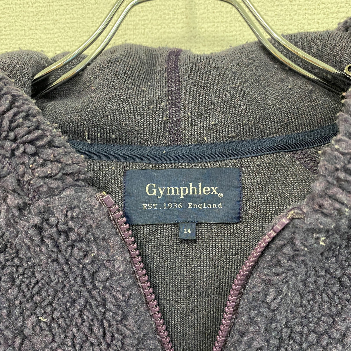 Gymphlex　ジムフレックス　フルジップボアパーカー/フーディー　フェード　ラグランスリーブ　刺繍ロゴ　紺　ネイビー　14サイズ　古着