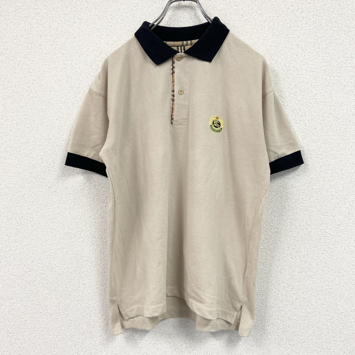 90s　Burberrys　バーバリー　半袖ポロシャツ　裏地チェック柄　ベージュ　Mサイズ　古着