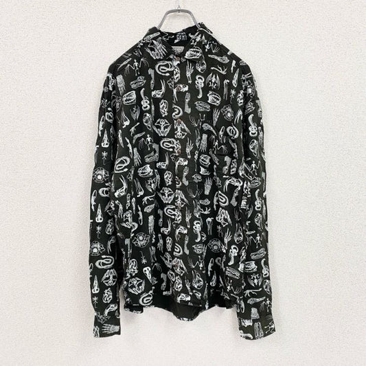 CARDCHE　長袖総柄デザインシャツ　マルチカラー　モスグリーン　Lサイズ