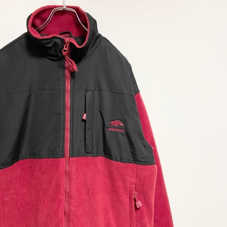 ～90s　CRABLE SPORTSWEAR　フリースジャケット　ARKANSAS　黒　ブラック　赤　レッド　Lサイズ　　ヴィンテージ　古着