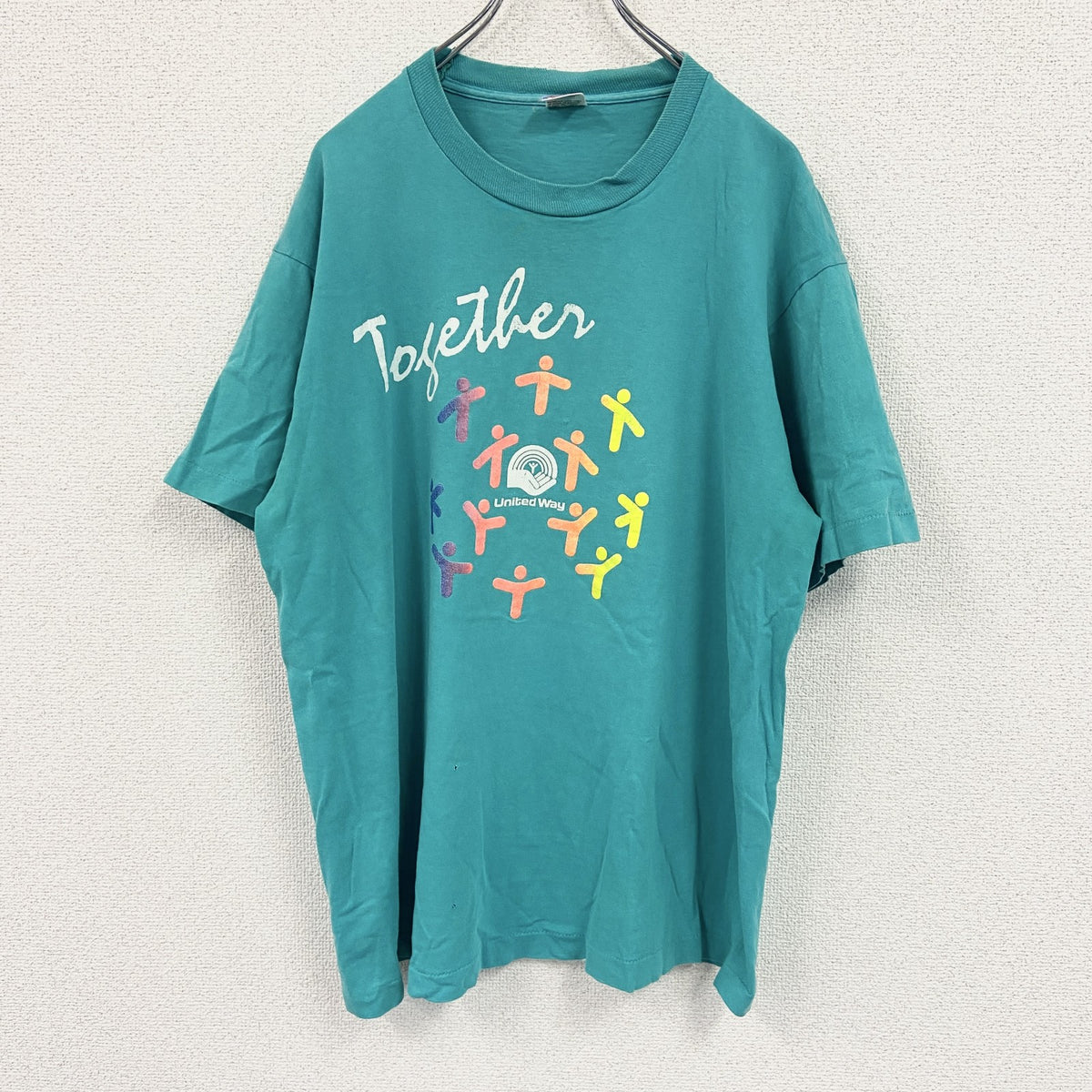 90s　FRUIT OF THE LOOM　フルーツオブザルーム　半袖プリントTシャツ　ピクトグラム　企業　エメラルドグリーン　XLサイズ カットソー メンズ コットン 古着