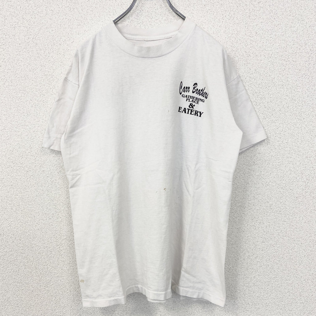 　ヴィンテージ　古着 used　半袖プリントTシャツ　ホワイト　白　カジュアルデザイン　クルーネック　シングルステッチ　90s　レトロ　Lサイズ