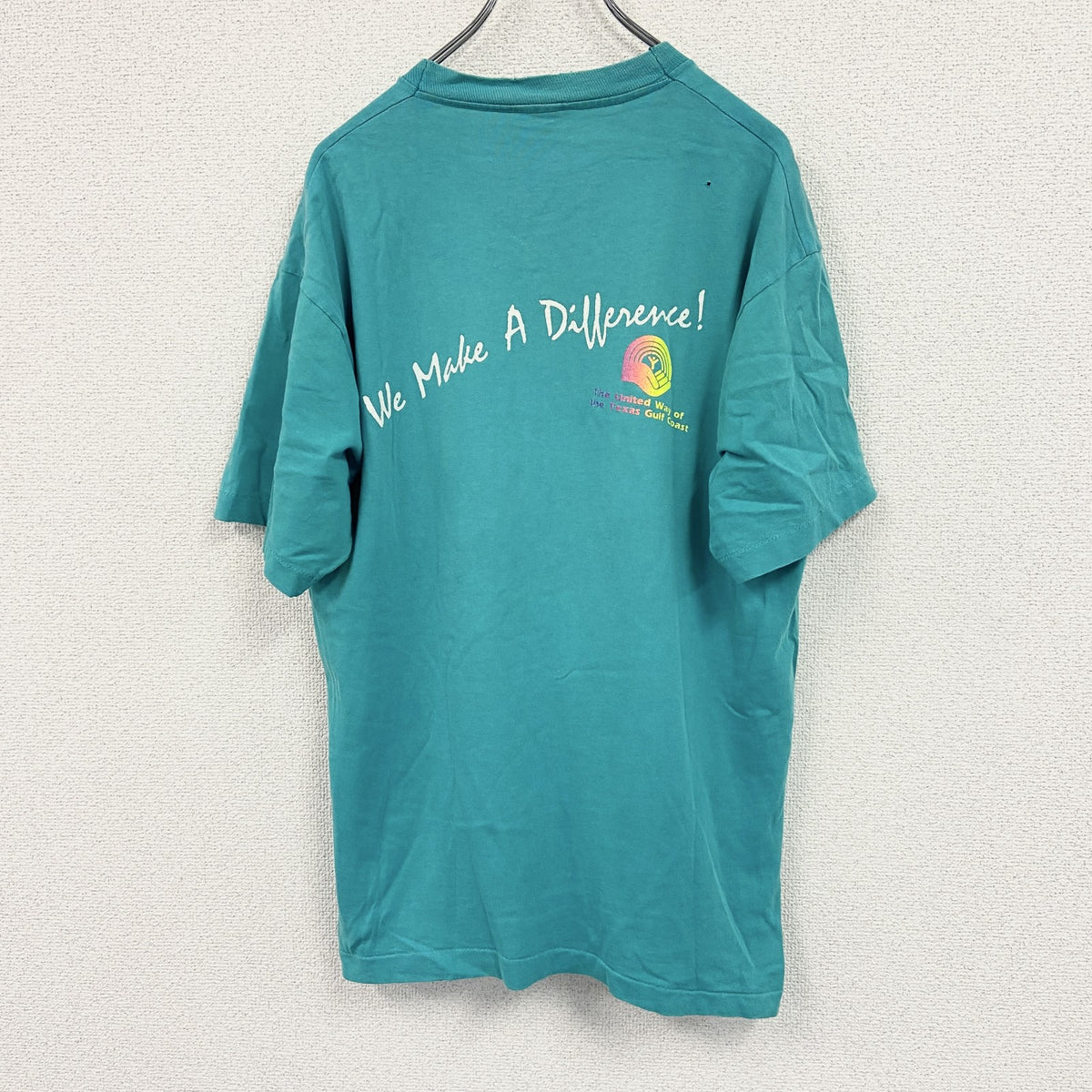 90s　FRUIT OF THE LOOM　フルーツオブザルーム　半袖プリントTシャツ　ピクトグラム　企業　エメラルドグリーン　XLサイズ カットソー メンズ コットン 古着