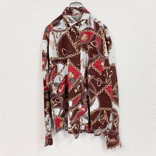 CARDCHE　長袖総柄デザインシャツ　マルチカラー　ブラウン　Lサイズ