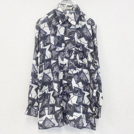 古着 used　BEA FIVE　長袖プリント総柄シャツ　レトロデザイン　船　幾何学　ベルト　マリン　白　ホワイト　Lサイズ