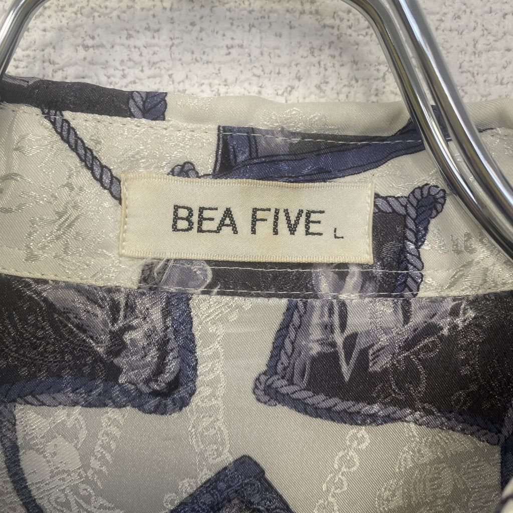 BEA FIVE　長袖プリント総柄シャツ　レトロデザイン　船　幾何学　ベルト　マリン　白　ホワイト　Lサイズ　古着