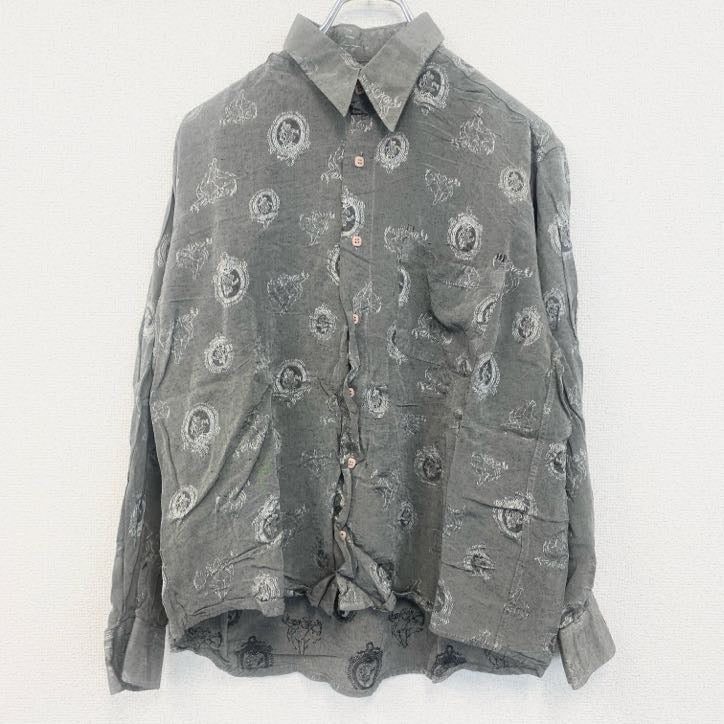yvesDORSsey　半袖プリント総柄シャツ　レトロデザイン　エンブレム　幾何学　胸ポケット　グレー　灰色　灰　　古着