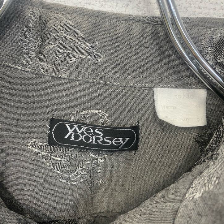 yvesDORSsey　半袖プリント総柄シャツ　レトロデザイン　エンブレム　幾何学　胸ポケット　グレー　灰色　灰　　古着