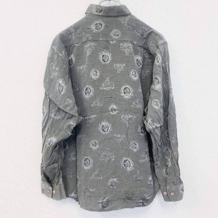 yvesDORSsey　半袖プリント総柄シャツ　レトロデザイン　エンブレム　幾何学　胸ポケット　グレー　灰色　灰　　古着