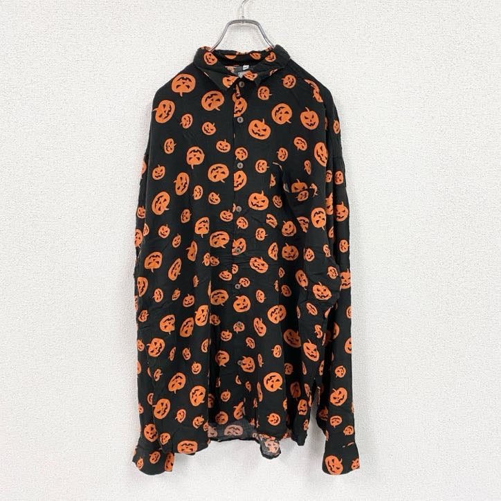 CARDCHE　長袖総柄デザインシャツ　ハロウィンシャツ　ジャック・オー・ランタン　総柄　マルチカラー　2XLサイズ　古着