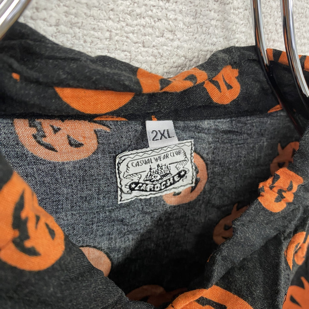 CARDCHE　長袖総柄デザインシャツ　ハロウィンシャツ　ジャック・オー・ランタン　総柄　マルチカラー　2XLサイズ　古着