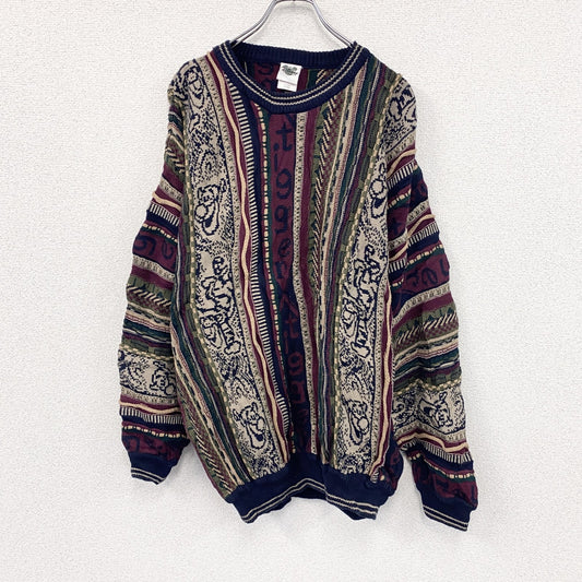 90s　Disney　ディズニー　Tigger　ティガー　COOGI風コットンニットセーター　3Dニット　総柄　マルチカラー　XLサイズ