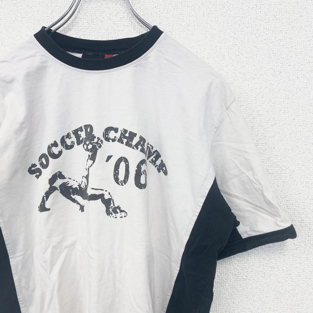 半袖プリントリンガーTシャツ　サッカー　2006　ドイツ　白　ホワイト　黒　ブラック　Mサイズ　古着