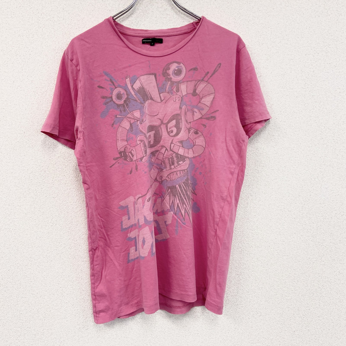 JACK&JONES　ジャックアンドジョーンズ　半袖プリントTシャツ　ドクロ　ピンク　XLサイズ　古着