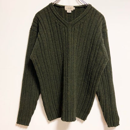 古着 used　J.CREW　ジェイクルー　長袖厚手Vネックニット　セーター　リブ編み　緑　グリーン　秋冬服　Mサイズ