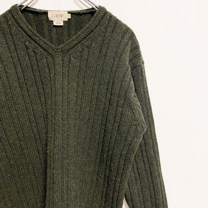 古着 used　J.CREW　ジェイクルー　長袖厚手Vネックニット　セーター　リブ編み　緑　グリーン　秋冬服　Mサイズ