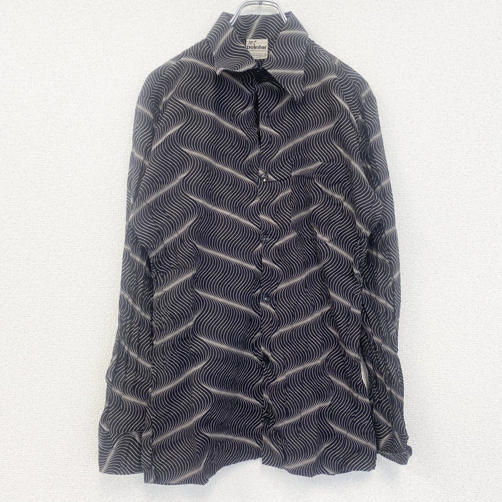 pointter　長袖プリント総柄シャツ　レトロデザイン　奇抜　幾何学　胸ポケット　黒　ブラック　古着