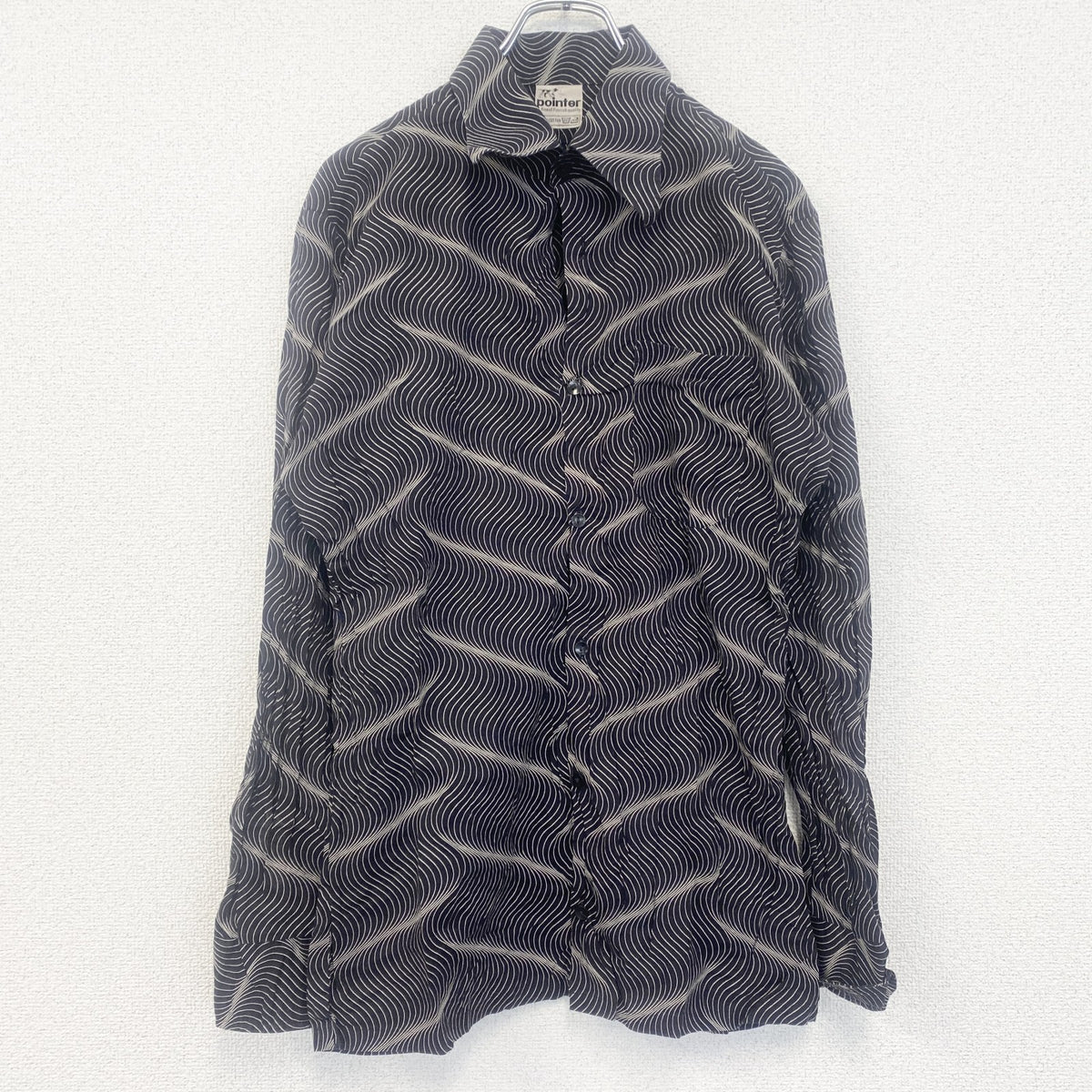 pointter　長袖プリント総柄シャツ　レトロデザイン　奇抜　幾何学　胸ポケット　黒　ブラック　古着