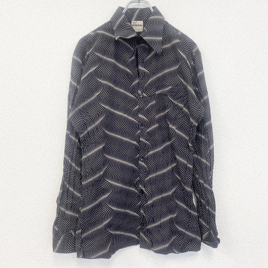 古着 used　pointter　長袖プリント総柄シャツ　レトロデザイン　奇抜　幾何学　胸ポケット　黒　ブラック