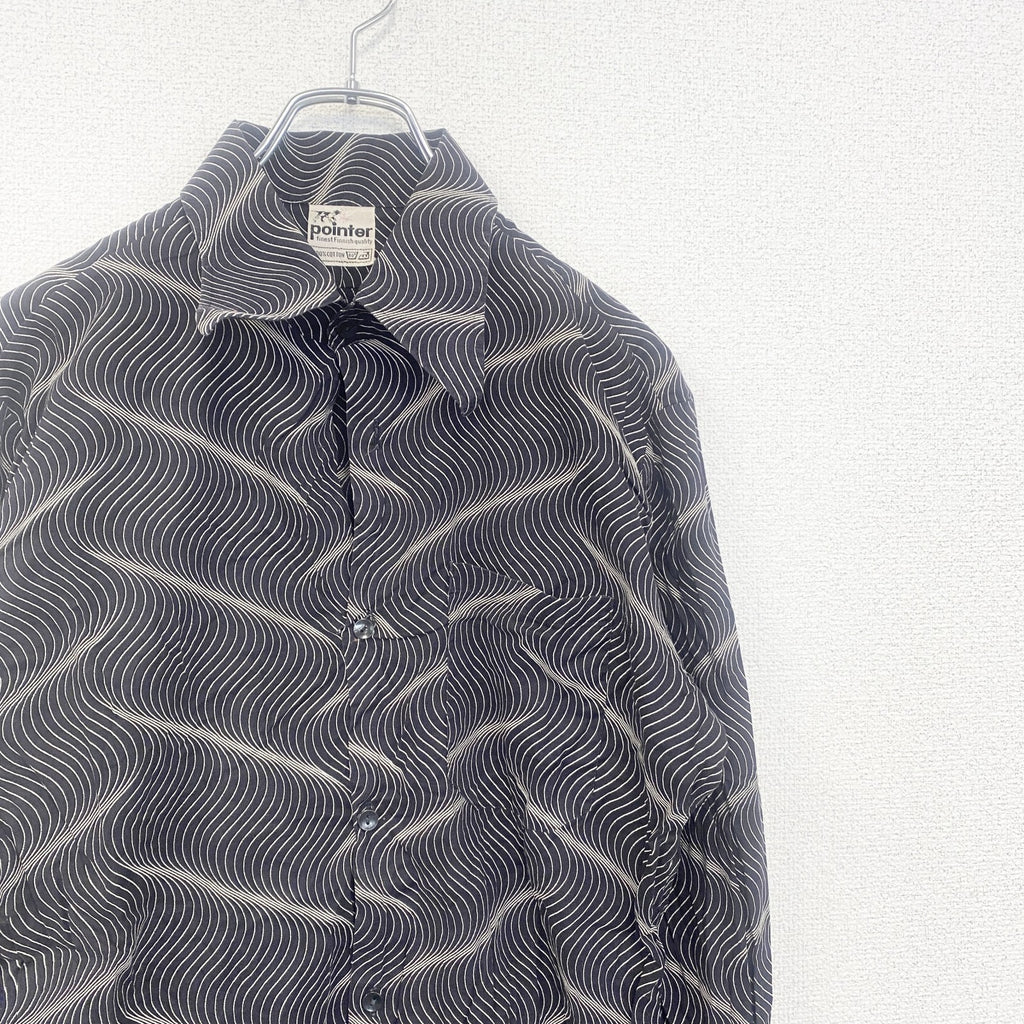 pointter　長袖プリント総柄シャツ　レトロデザイン　奇抜　幾何学　胸ポケット　黒　ブラック　古着