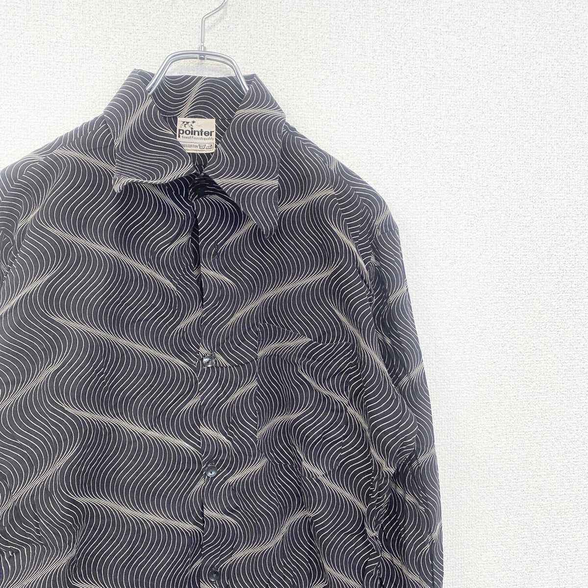 pointter　長袖プリント総柄シャツ　レトロデザイン　奇抜　幾何学　胸ポケット　黒　ブラック　古着