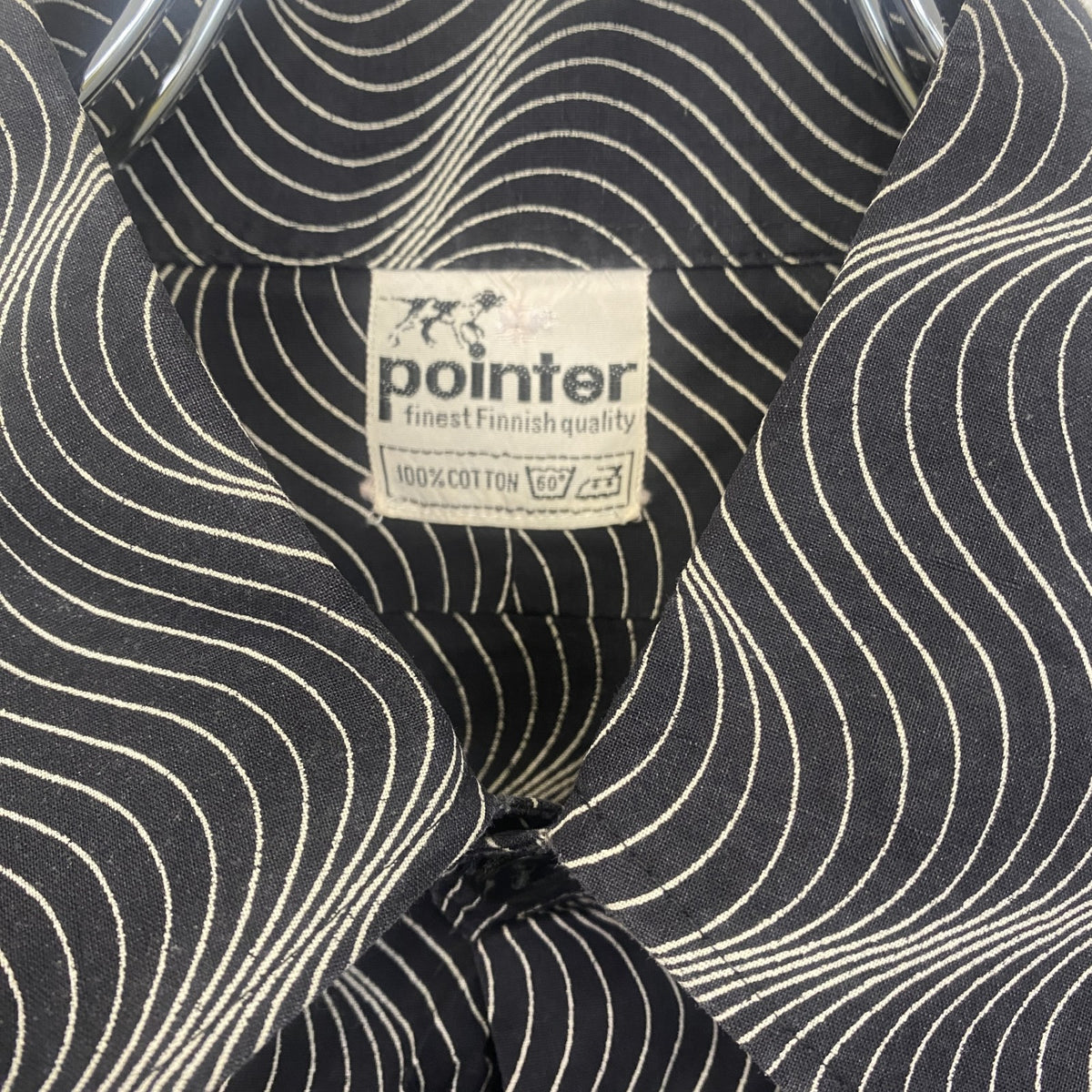 pointter　長袖プリント総柄シャツ　レトロデザイン　奇抜　幾何学　胸ポケット　黒　ブラック　古着