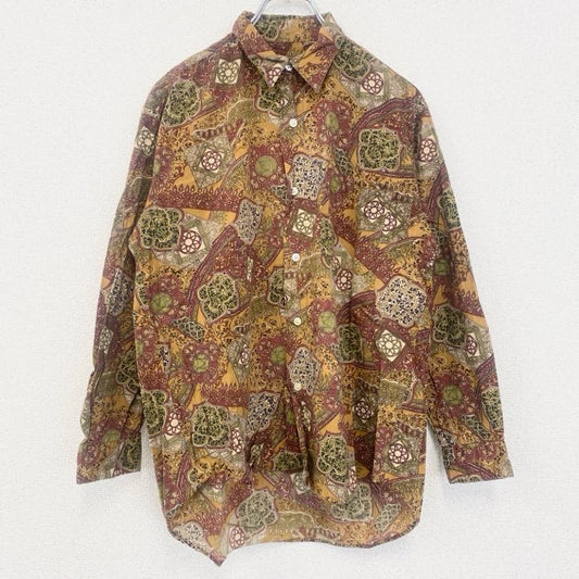 古着 used　長袖プリント総柄シャツ　レトロデザイン　ボタニカル　エスニック　幾何学模様　花　絨毯　Mサイズ