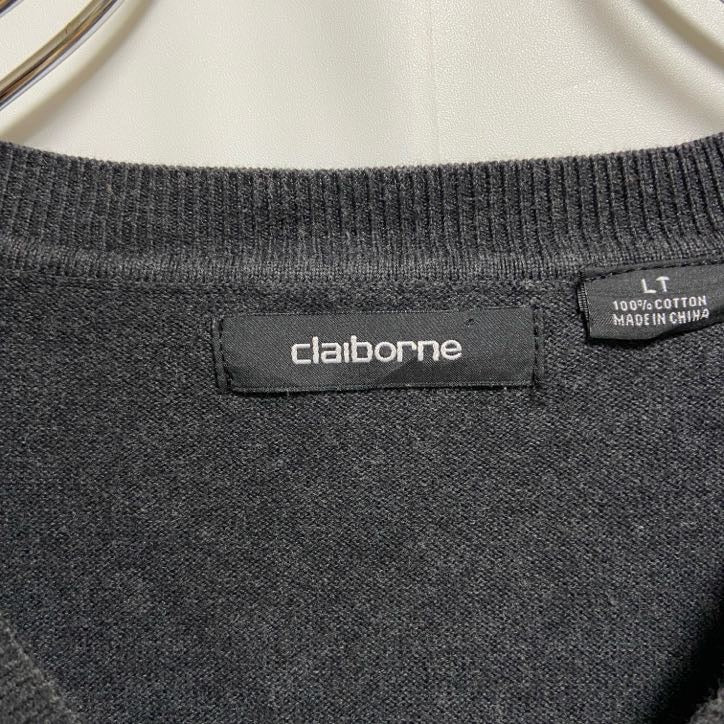 古着 used　claiborne　クレイボーン　長袖Vネックニット　セーター　ダイヤ柄　グレー　秋冬服　レトロ　Lサイズ