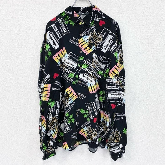 古着 used　CARDCHE　長袖総柄デザインシャツ　マルチカラー　黒　ブラック　2XLサイズ