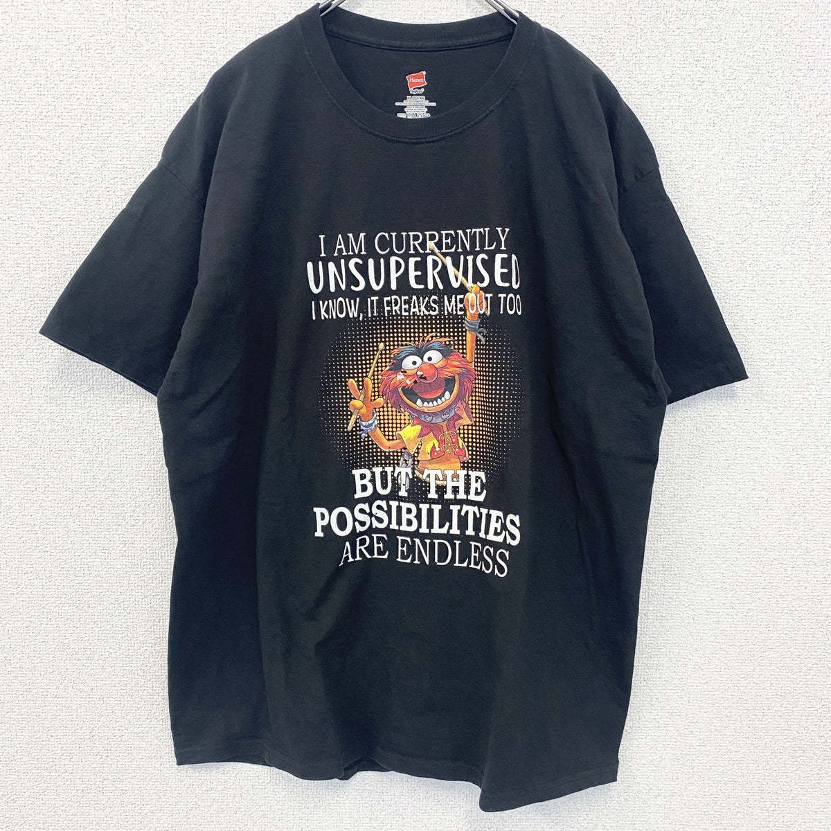 Hanes 　ヘインズ　半袖プリントTシャツ　ドラマー　キャラクター　ドラム　黒　ブラック　XLサイズ　古着