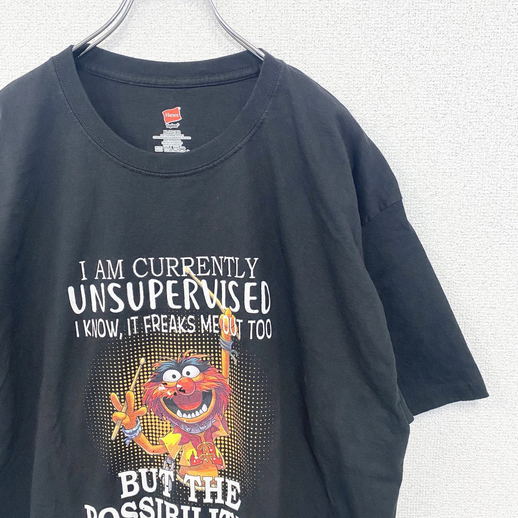 Hanes 　ヘインズ　半袖プリントTシャツ　ドラマー　キャラクター　ドラム　黒　ブラック　XLサイズ　古着