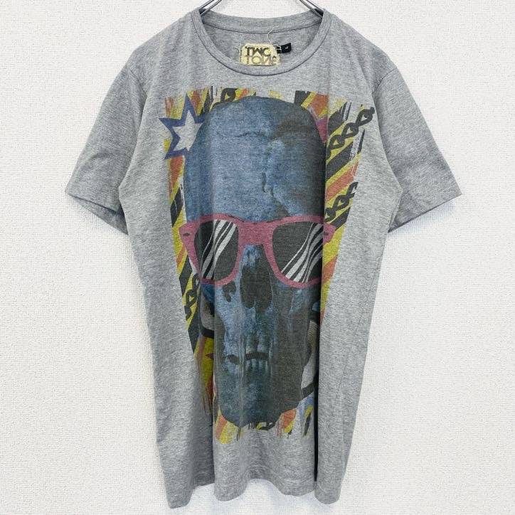 TWO　TONE　半袖プリントTシャツ　ドクロ　スカル　ビッグプリント　レトロデザイン　グレー　灰色　Lサイズ　古着