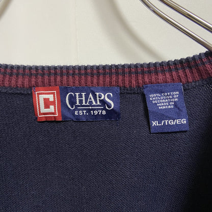 古着 used　CHAPS　チャップス　長袖Vネックニット　セーター　ワンポイント刺繍　ネイビー　ビッグシルエット　XLサイズ